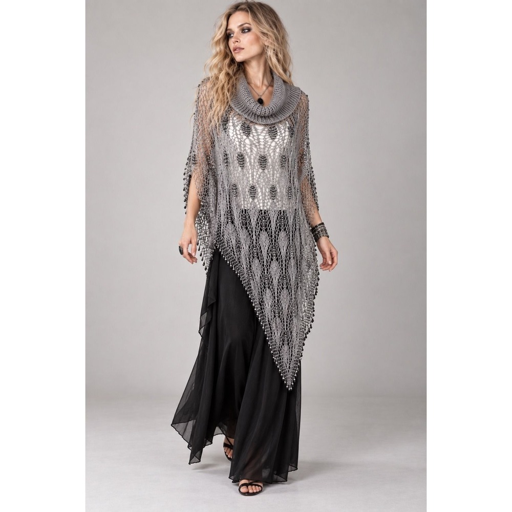 Chico's Silver Grey Beaded Crochet Poncho Cowl Neck Asymmetrical Wrap M/L